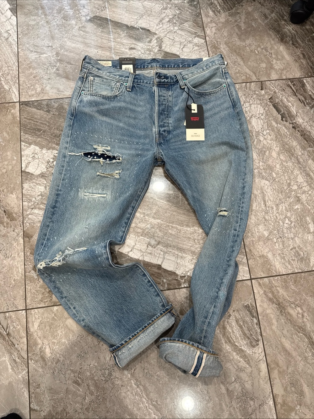Levi's 501 Men's Distressed Selvedge Blue Denim Jeans
